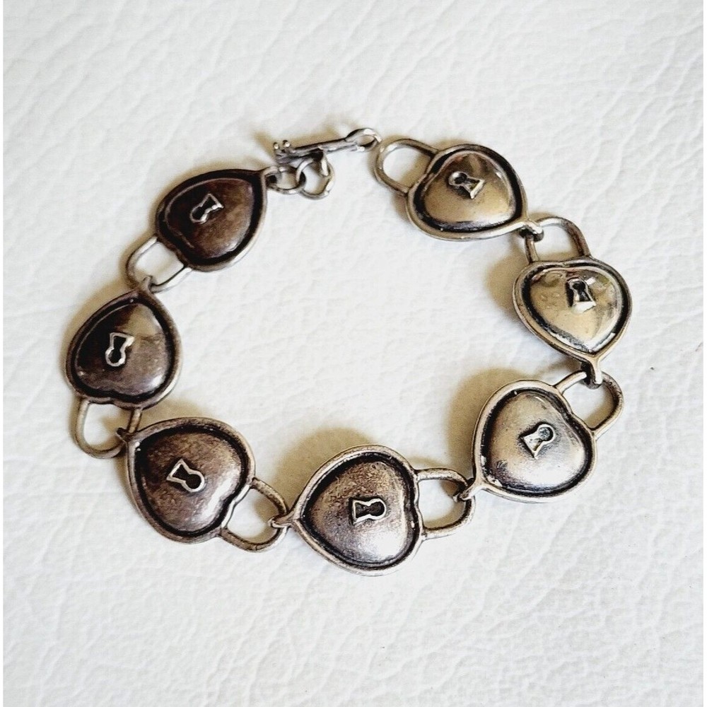 Vintage Sterling Heart Padlock Lock Link  Bracelet Toggle Clasp